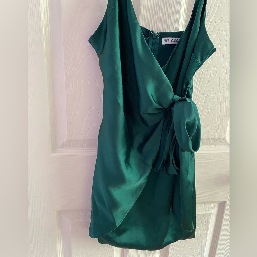 Hello Molly Green Satin Tie Front Mini Dress